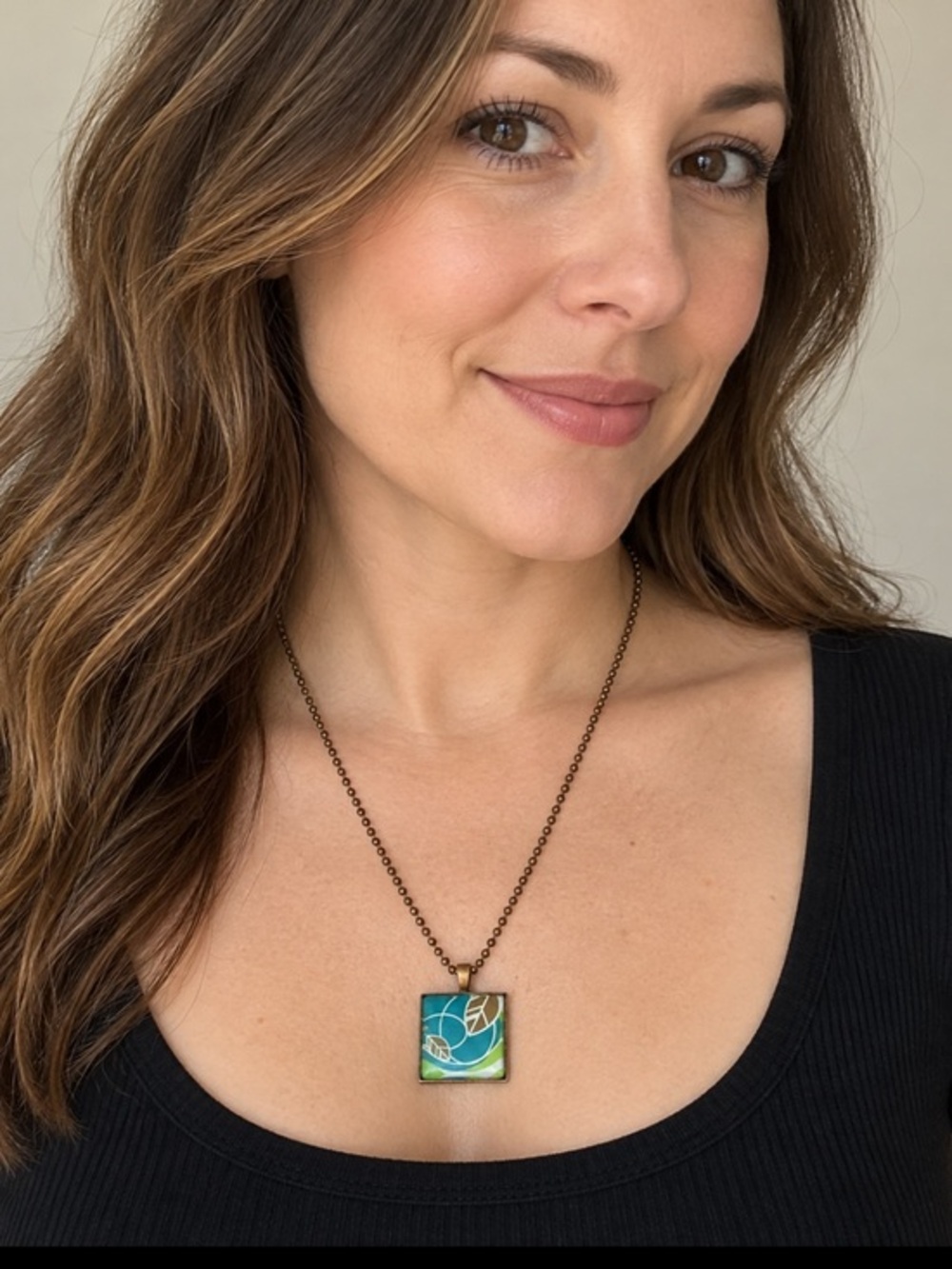 Handcrafted Teal Green Abstract Leaf Pendant Necklace Bronze Tone